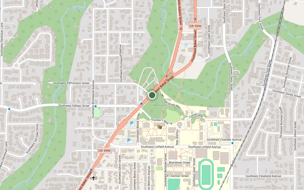 Map showing Print Northwest on SE Baker Street at Linfield Avenue in McMinnville